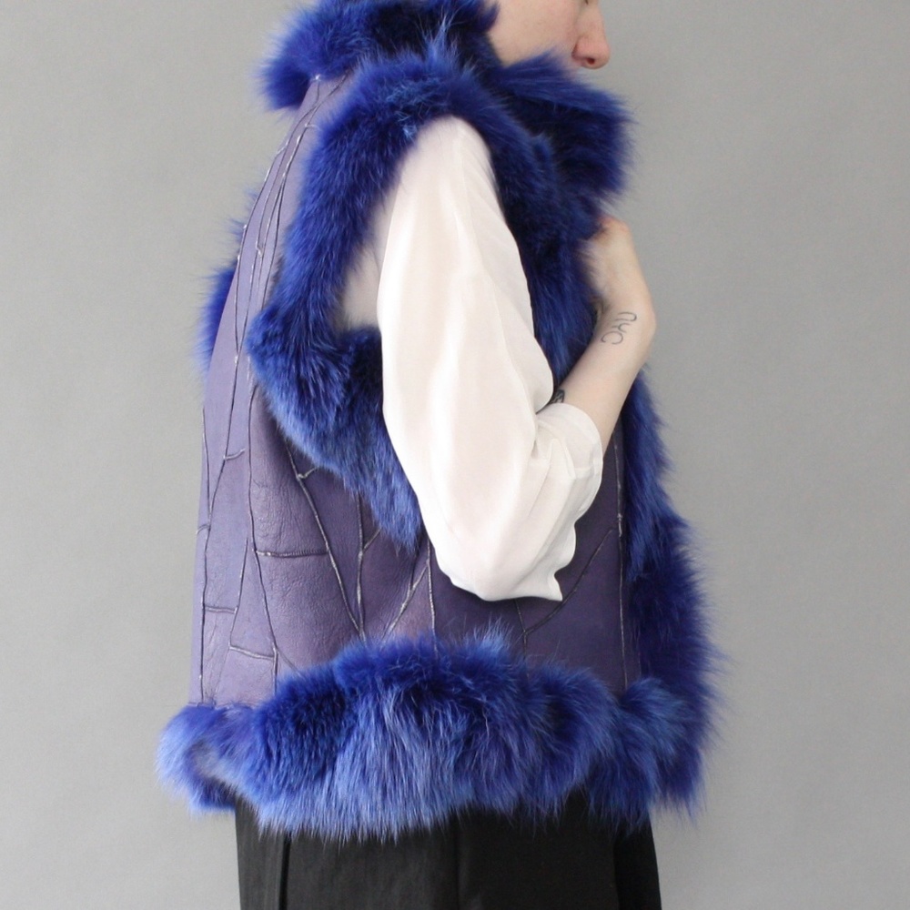 Vtg blue leather shearling patchwork fur vest - Picture 5 of 8
